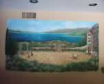 French Courtyard Mural with vanishing edges, with owners pets.